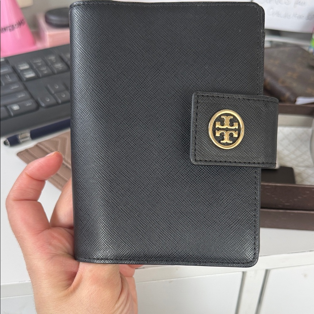 Tory Burch Black Leather Logo Snap passport Holder